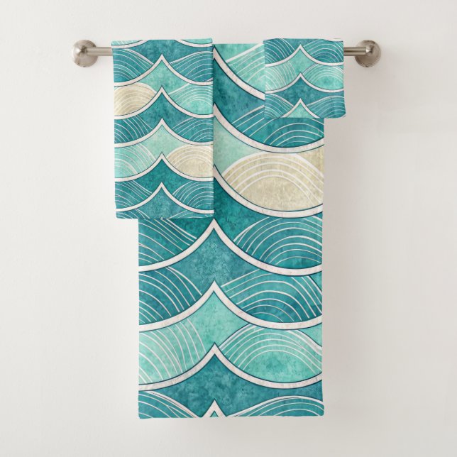 CONJUNTO DE TOALHAS ONDAS ROLANTES AZUIS, AQUA E BRANCAS (Insitu)