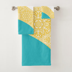 Conjunto De Toalhas Ondas Simples - Padrão Floral Turquesa e Amarelo