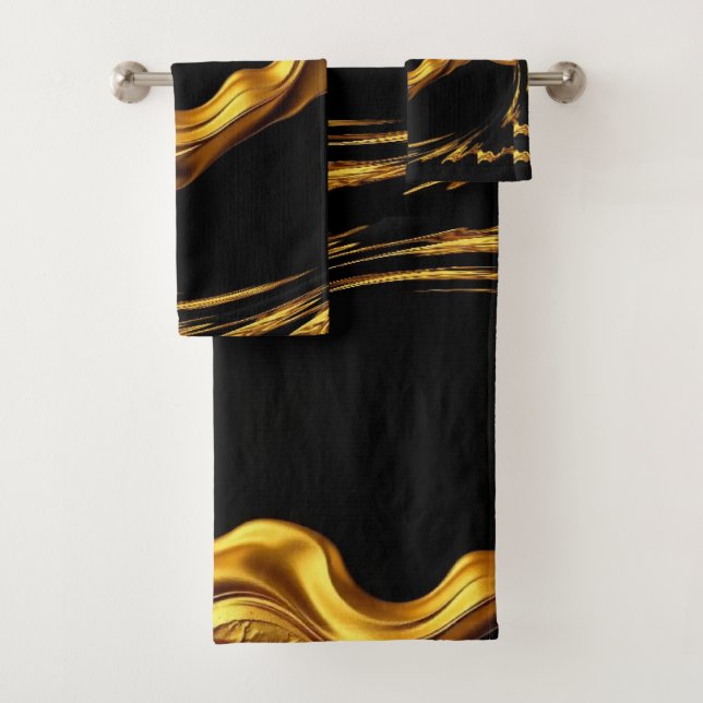 Conjunto De Toalhas Opulent Swirl Liquid Gold Black Monochrome Christi (Insitu)