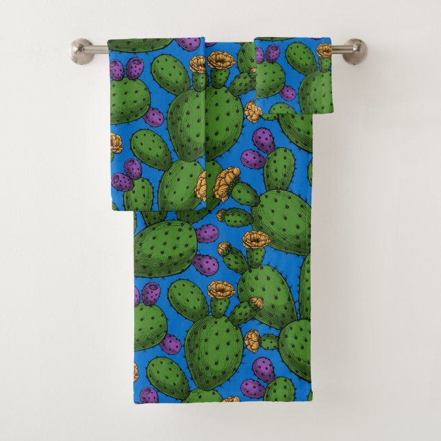 Conjunto De Toalhas Opuntia florescente em azul (Insitu)