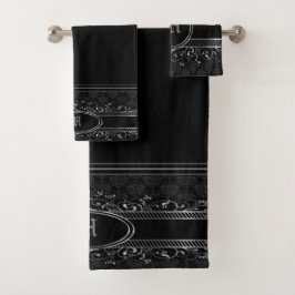 Conjunto De Toalhas Ornamentado Gótico Preto e Prateado Monograma