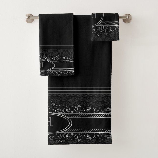 Conjunto De Toalhas Ornamentado Gótico Preto e Prateado Monograma (Insitu)