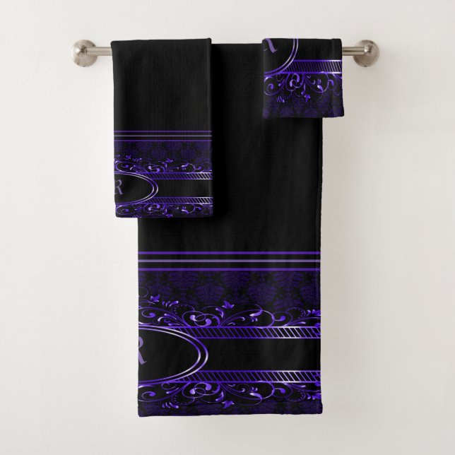 Conjunto De Toalhas Ornamentado Gótico Preto e Roxo Monograma (Insitu)