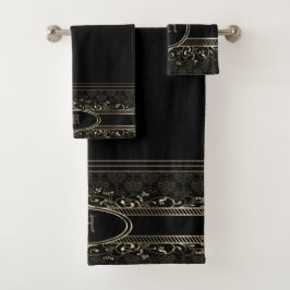 Conjunto De Toalhas Ornamentado preto e Dourado, com monograma