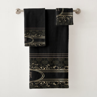 Conjunto De Toalhas Ornamentado preto e Dourado, com monograma