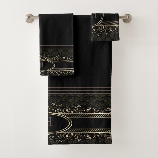 Conjunto De Toalhas Ornamentado preto e Dourado, com monograma (Insitu)