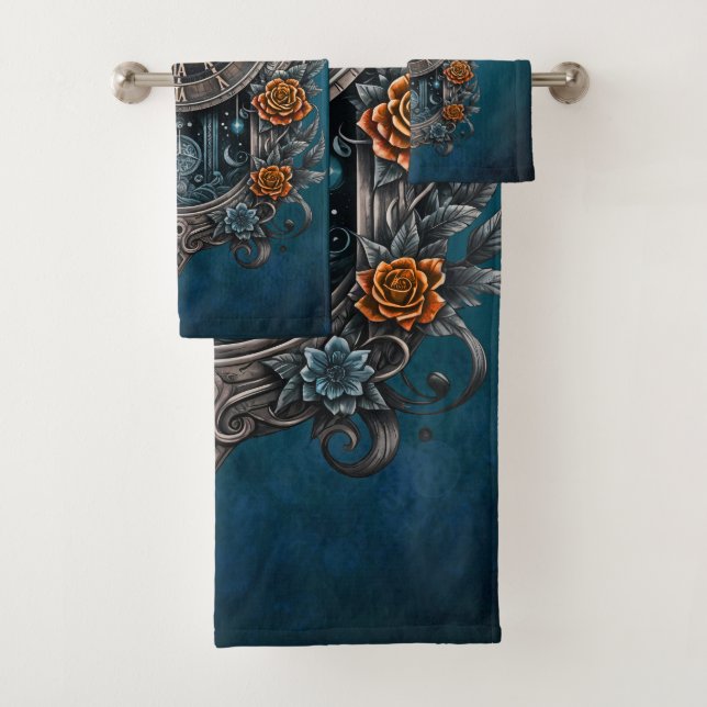 Conjunto De Toalhas Ornamentado Steampunk Clock com Rosas. (Insitu)