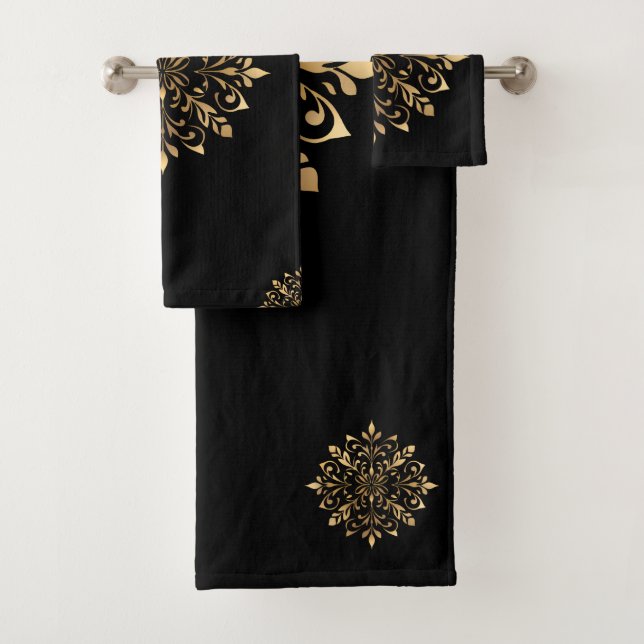 Conjunto De Toalhas Ornamento Floral Dourado e Preto de Luxo (Insitu)