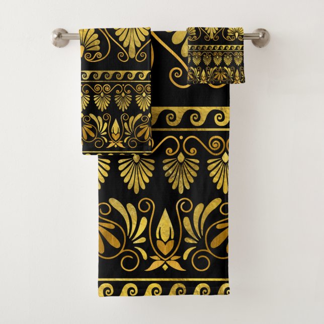 Conjunto De Toalhas Ornamento Grego de Luxo Negro e ouro (Insitu)