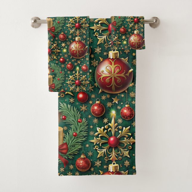 Conjunto De Toalhas Ornamentos vermelhos Dourados festivos Flocos de n (Insitu)