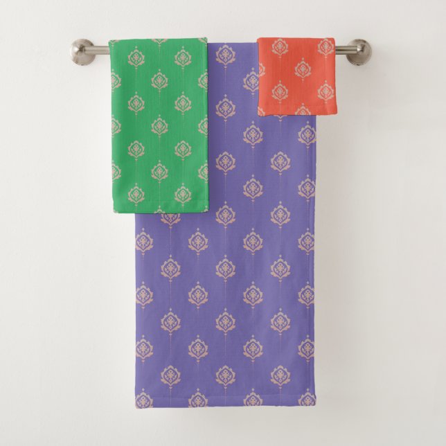 Conjunto De Toalhas Ornate Damask Pattern in Orange, Purple & Green (Insitu)