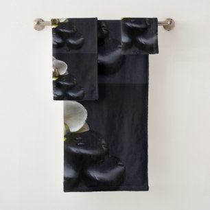 Conjunto De Toalhas Orquídea Branca em Pedras Negras