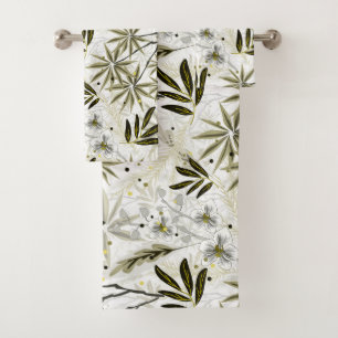 Conjunto De Toalhas Orquídeas brancas com folhas tropicais de oliveira