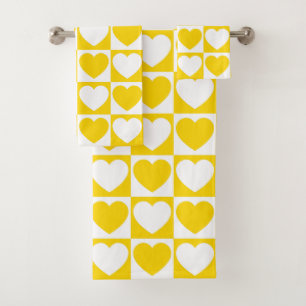 Conjunto De Toalhas Ouro Amarelo e Branco Verificado com Corações