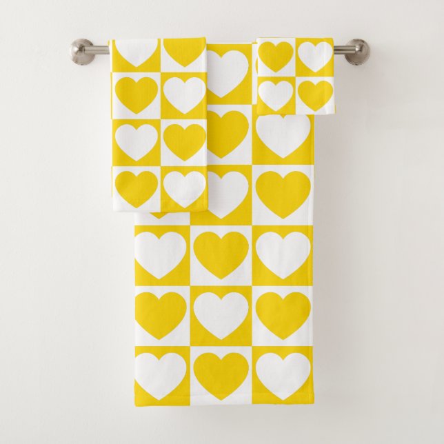 Conjunto De Toalhas Ouro Amarelo e Branco Verificado com Corações (Insitu)
