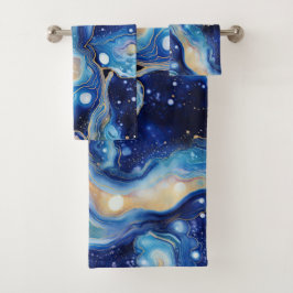 Conjunto De Toalhas Ouro Azul Abstrato Cósmico com Nebulosa Giratória
