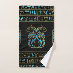 Conjunto De Toalhas Ouro dos gatos egípcios e vitral azul
