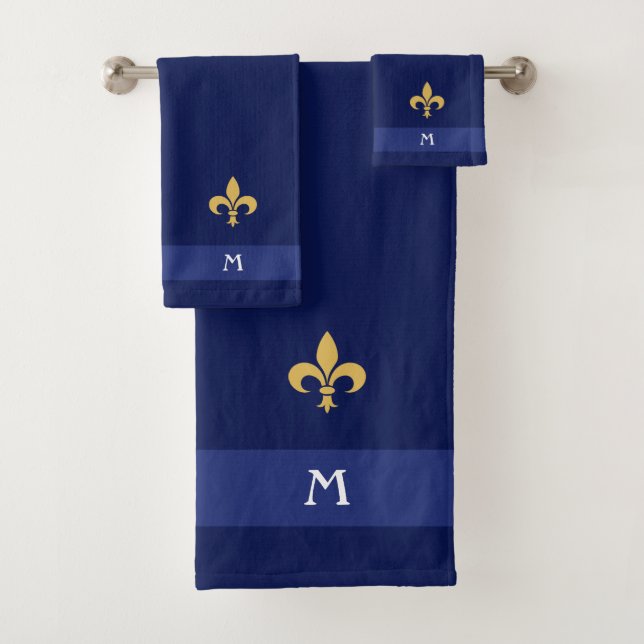 Conjunto De Toalhas Ouro Fleur-de-Lis e Monograma no Azul Marinho (Insitu)