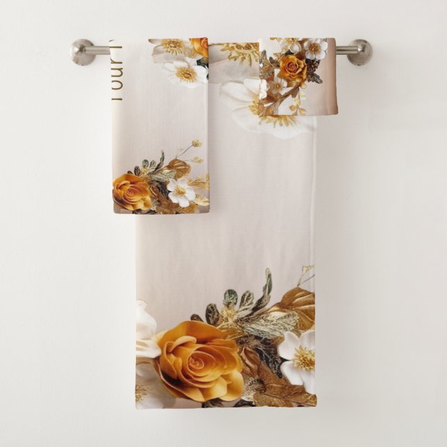 Conjunto De Toalhas Ouro Laranja Branco Flores Rústicas Elegantes (Insitu)