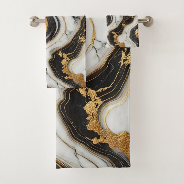 Conjunto De Toalhas Ouro Líquido Olhar de Mármore Preto Branco Glam  (Insitu)