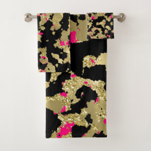 Conjunto De Toalhas Ouro Preto Brilho Rosa Quente Abstrato Descascando