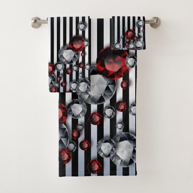 Conjunto De Toalhas Ouros e Rubies em Black and Silver Stripes (Insitu)