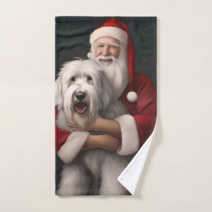Conjunto De Toalhas Ovelha Cachorro Inglês com Papai Noel Festivo