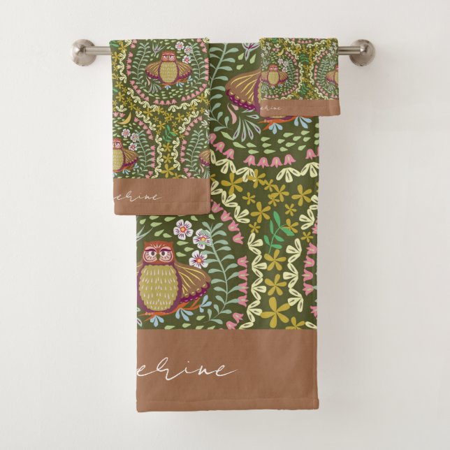 Conjunto De Toalhas Owl Folk Green (Insitu)