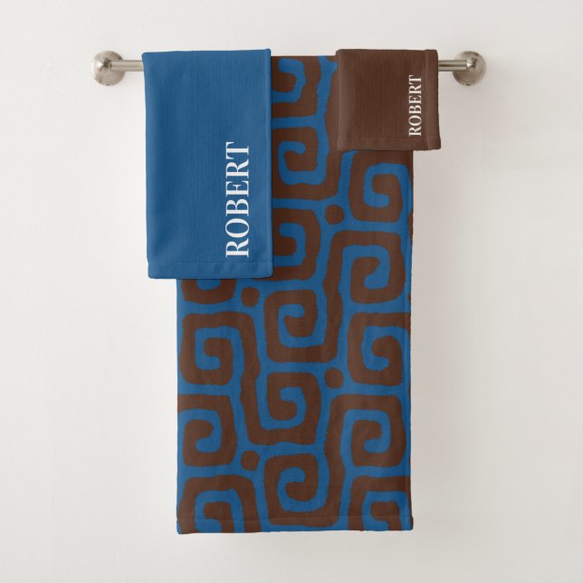 Conjunto De Toalhas Padrão Abstrato Azul e Marrom com Nome Personaliza (Insitu)