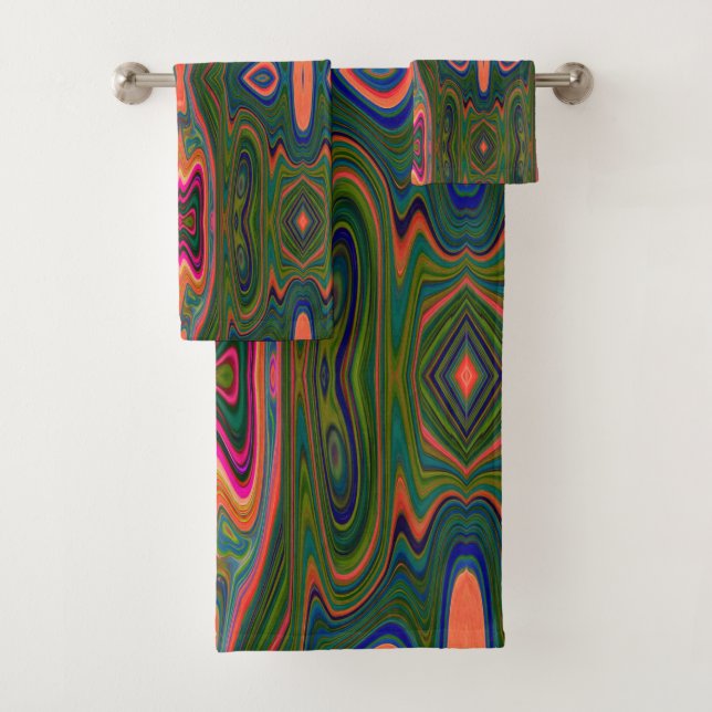 Conjunto De Toalhas Padrão Abstrato azul, verde e laranja retrô (Insitu)