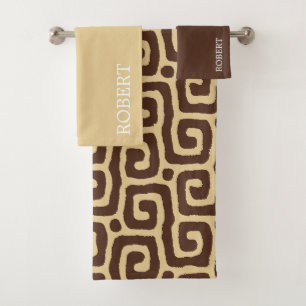 Conjunto De Toalhas Padrão Abstrato Bege e Marrom com Nome Personaliza