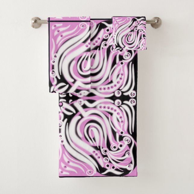 Conjunto De Toalhas Padrão Abstrato Curly Preto Branco Rosa  (Insitu)