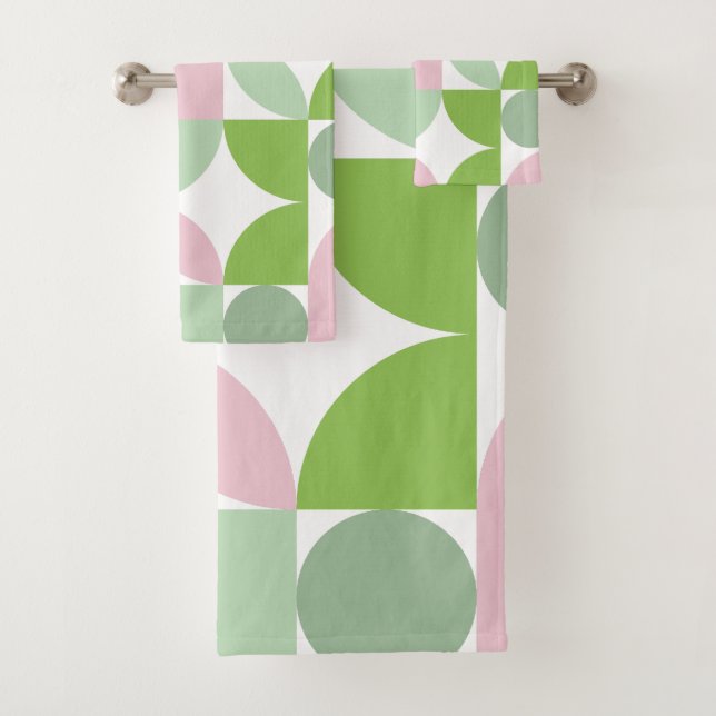 Conjunto De Toalhas Padrão Abstrato Geométrico Rosa e Verde (Insitu)