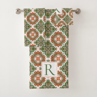 Conjunto De Toalhas Padrão abstrato mediterrâneo verde laranja