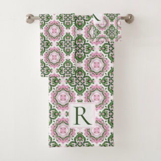 Conjunto De Toalhas Padrão abstrato mediterrâneo verde rosa