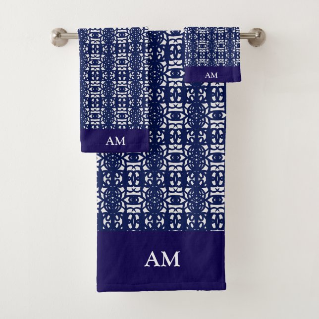 Conjunto De Toalhas Padrão Abstrato Moderno Azul e Branco e Monograma (Insitu)