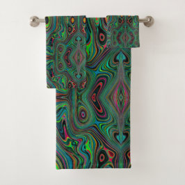 Conjunto De Toalhas Padrão Abstrato Trippy Retro Preto e Verde Lima