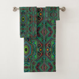 Conjunto De Toalhas Padrão Abstrato Trippy Retro Preto e Verde Lima