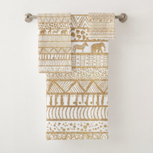 Conjunto De Toalhas Padrão Africano Trendy Branco e Dourado Tribal