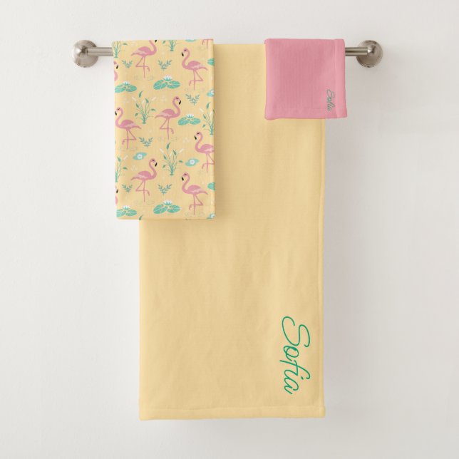 Conjunto De Toalhas Padrão amarelo rosa Flamingo (Insitu)