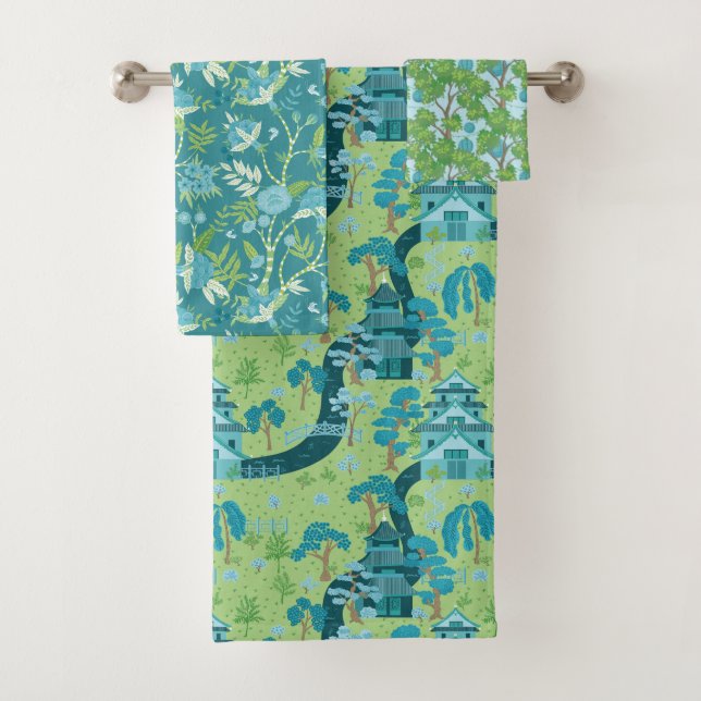 Conjunto De Toalhas Padrão Asiático Azul Verde (Insitu)