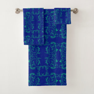 Conjunto De Toalhas Padrão azul de vinha abstrato verde