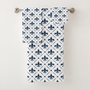 Conjunto De Toalhas Padrão azul escuro Fleur De Lis sobre fundo branco