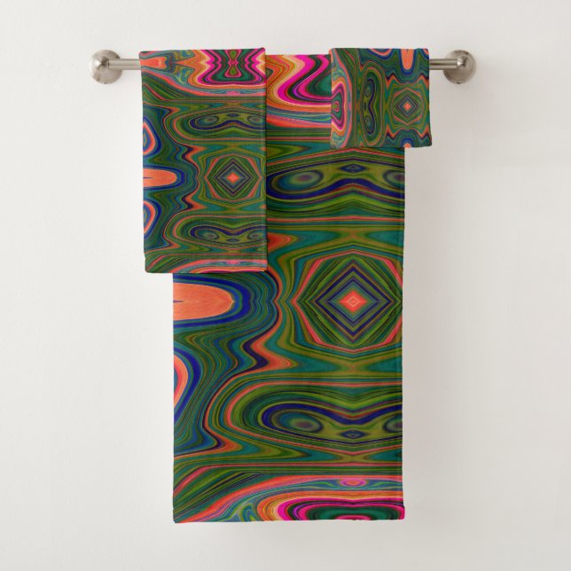 Conjunto De Toalhas Padrão Azul, Verde e Laranja Abstrato Retro (Insitu)