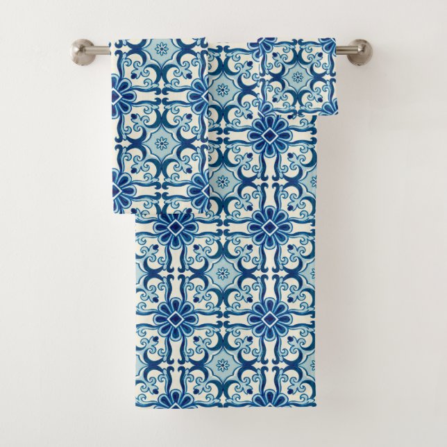 Conjunto De Toalhas Padrão Azulejos Azul de Azulejo Floral (Insitu)