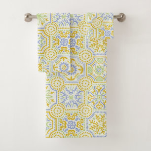 Conjunto De Toalhas Padrão Boho de Azulejo Mediterrâneo em Aquarela