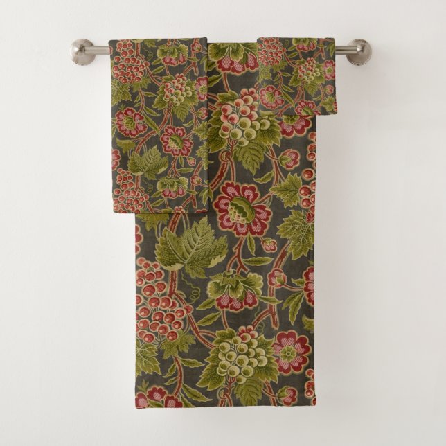 Conjunto De Toalhas Padrão Botânico Antigo de Flores Vermelhas e Uvas (Insitu)