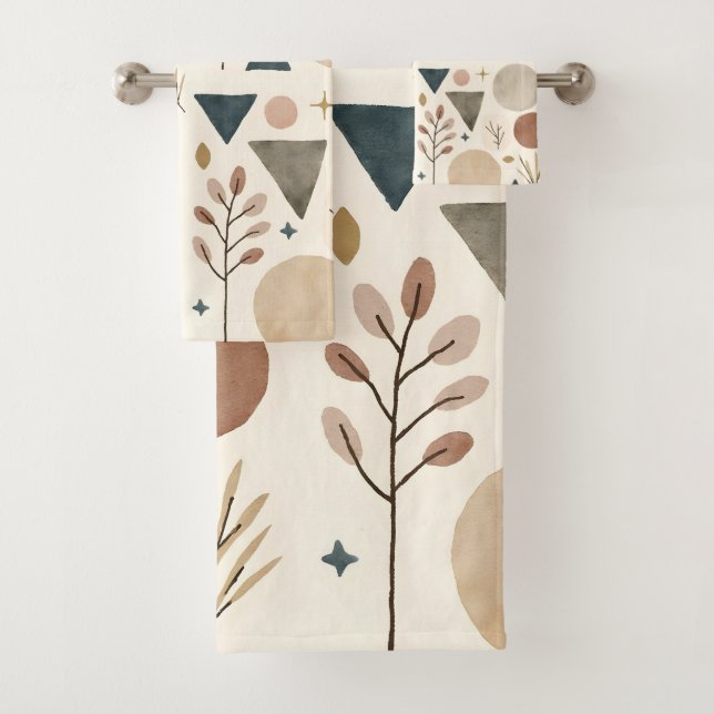 Conjunto De Toalhas Padrão Botânico Geométrico Boho Design 385 (Insitu)