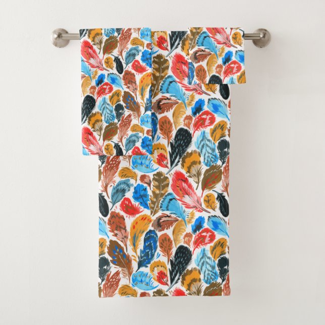 Conjunto De Toalhas Padrão brilhante com penas de aves (Insitu)