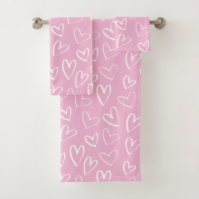 Conjunto De Toalhas Padrão cardíaco branco-rosa-bebê (Insitu)